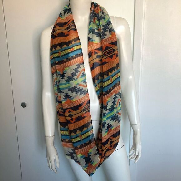 Aztec Pattern Infinity Lightweight Scarf Wrap Orange blue lime - Picture 1 of 7